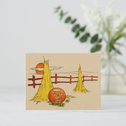 Jack O' Lantern Haystack Volle Maan Wolken Briefkaart (Staand voorkant)