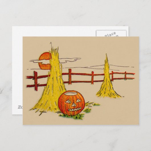 Jack O' Lantern Haystack Volle Maan Wolken Briefkaart (Voorkant / Achterkant)