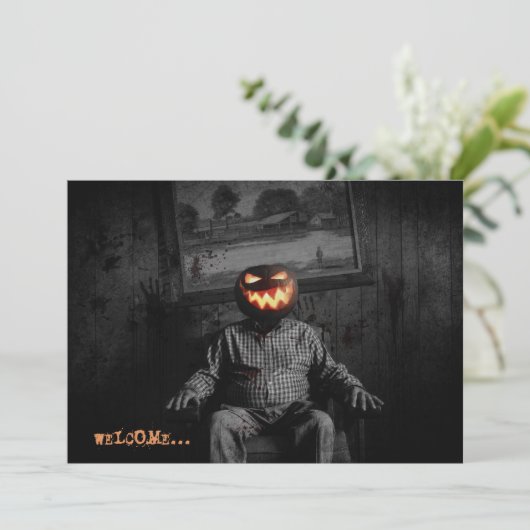 Jack O' Lantern Head Spooky Halloween Party Kaart (Staand voorkant)