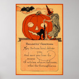 Jack O Lantern Heks Zwarte Kat Vleermuis Vintage Poster