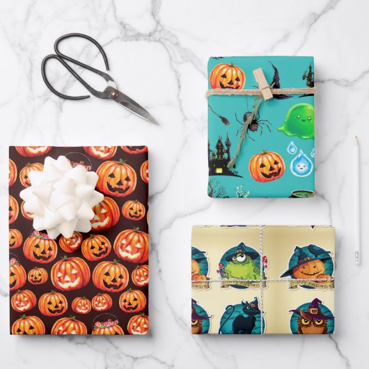 Jack O Lantern Inpakpapier Plat Vel Set van 3 (Voorkant)