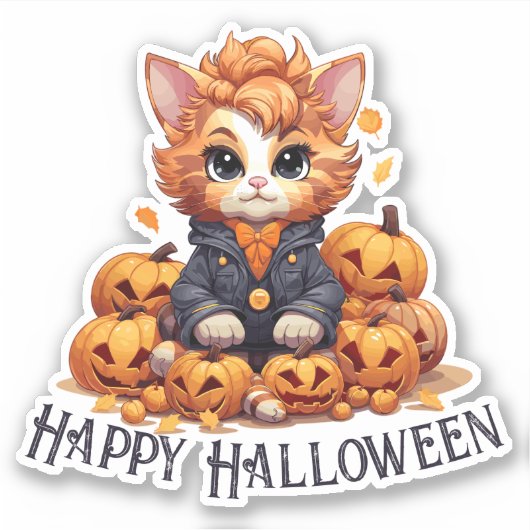 Jack-O-Lantern Kat - "Happy Halloween" Sticker (Voorkant)