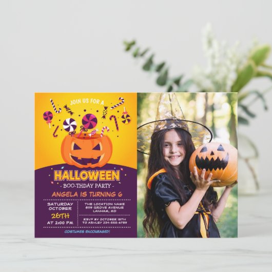 Jack-O-lantern Kinder Foto Halloween Birthday Part Kaart (Staand voorkant)