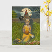Jack O' Lantern Meisje Heks Bat Full Moon Kaart (Gele Bloem)