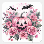 Jack-o-Lantern met roze rozen en vleermuizen Vierkante Sticker (Voorkant)