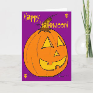 Jack o' Lantern op Paarse Kaart "Happy Halloween"