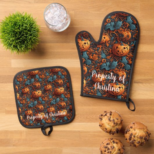 Jack o lantern ovenwant & pannenlap set (Top down)