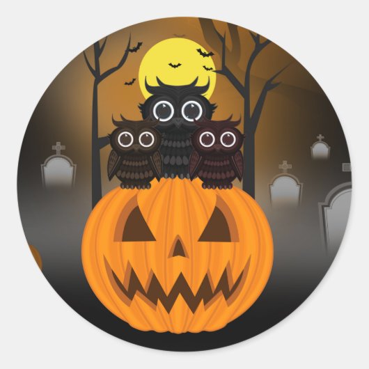 Jack O lantern & Owls Ronde Sticker (Voorkant)