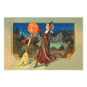 Jack O Lantern Pompoen Bezem Dans Vrouw Foto Afdruk