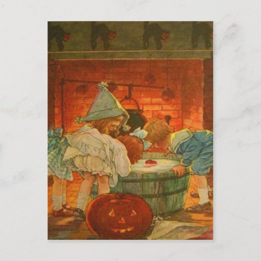 Jack O Lantern Pompoen Drijven Appel Zwarte Kat Briefkaart (Voorkant)