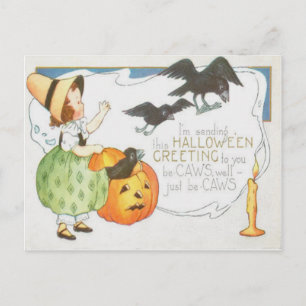 Jack O Lantern Pompoen Geest Kraai Kaars Meisje Briefkaart