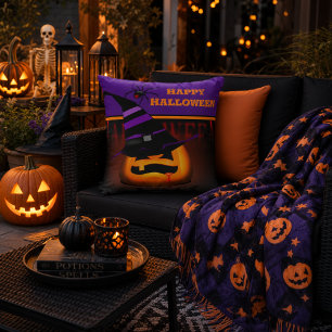 Jack O Lantern Pompoen Halloween Paarse Heksenhoed Buitenkussen