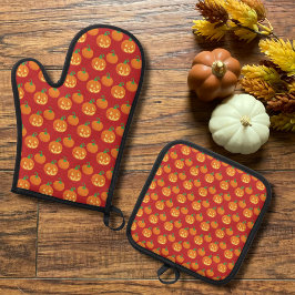Jack-o-Lantern Pompoen Patroon Wijnrood Halloween Ovenwant & Pannenlap Set