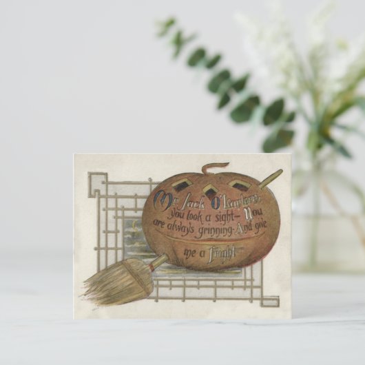 Jack O' Lantern Pompoen Witch's Broom Briefkaart (Staand voorkant)