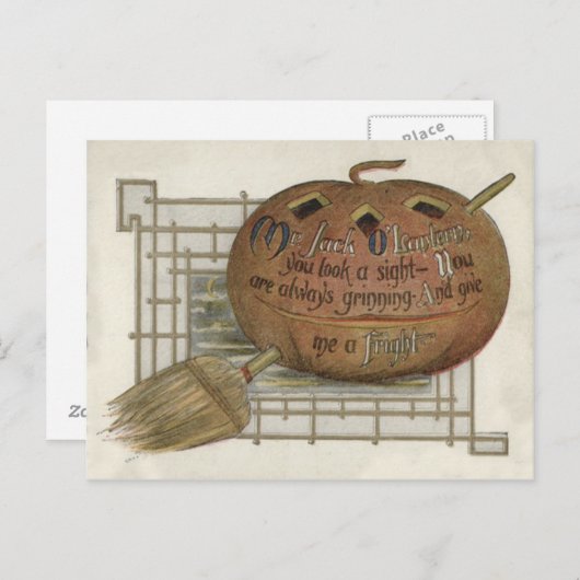 Jack O' Lantern Pompoen Witch's Broom Briefkaart (Voorkant / Achterkant)