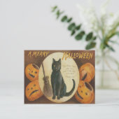 Jack O' Lantern Pompoen Zwarte Kat Bezem Briefkaart (Staand voorkant)