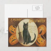 Jack O' Lantern Pompoen Zwarte Kat Bezem Briefkaart (Voorkant / Achterkant)