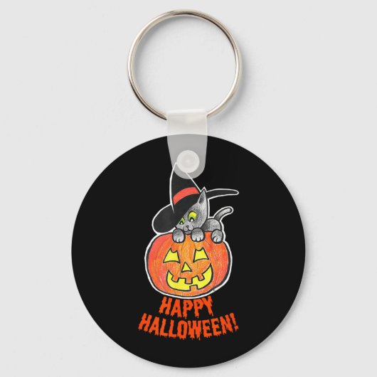 Jack-O-Lantern Pompoen Zwarte Kat Halloween Sleutelhanger (Voorkant)