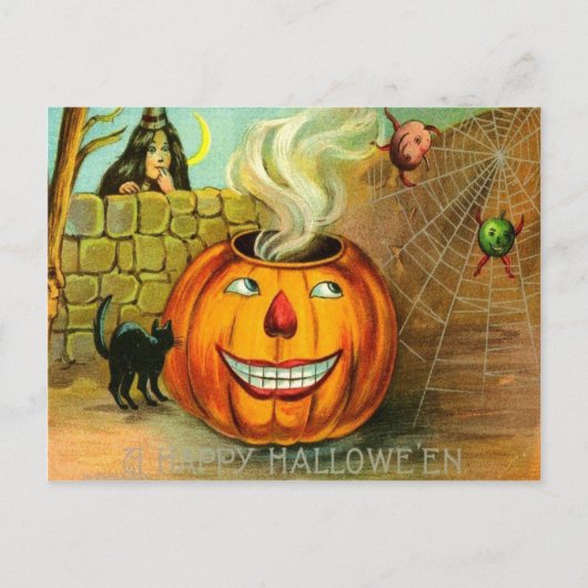 Jack O Lantern Pompoen Zwarte Kat spinnenweb Briefkaart (Voorkant)