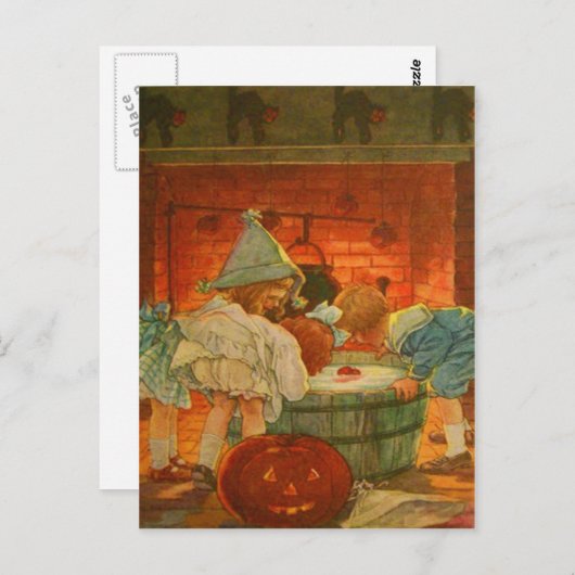 Jack O Lantern Pumpkin Bobbing Apple Black Cat Briefkaart (Voorkant / Achterkant)