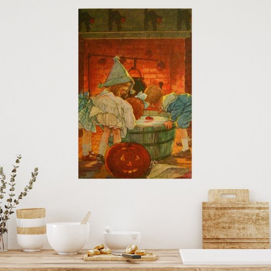 Jack O Lantern Pumpkin Bobbing Apple Black Cat Poster (Keuken)