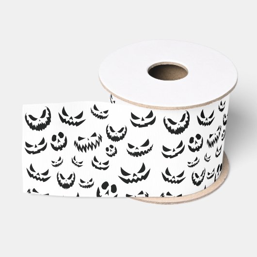 Jack O Lantern Pumpkin Face Zwart en Wit Grosgrain Lint (Spoel)