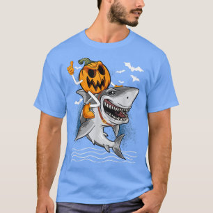 Jack O Lantern Pumpkin Riding Shark Halloween Cost T-shirt