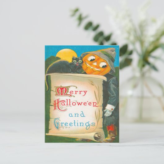 Jack O Lantern Scarecrow Black Cat Briefkaart (Staand voorkant)