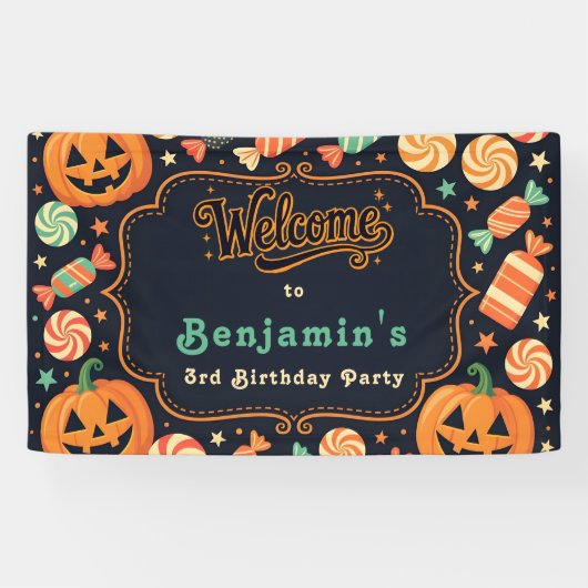 Jack-O'-Lantern & Snoep Halloween Verjaardagsfeest Spandoek (Horizontaal)