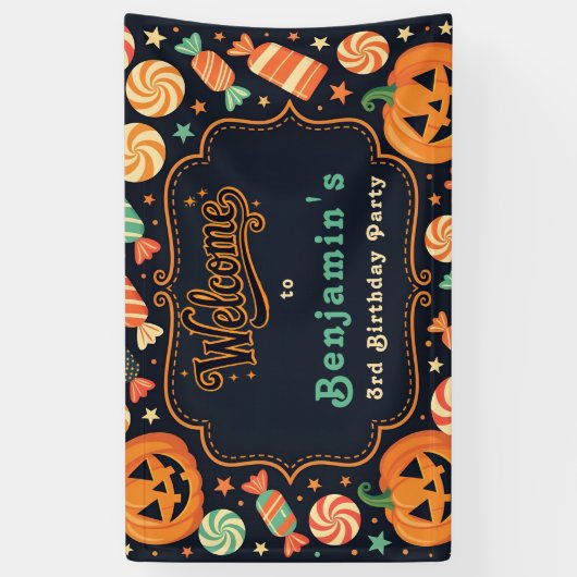 Jack-O'-Lantern & Snoep Halloween Verjaardagsfeest Spandoek (Verticaal)