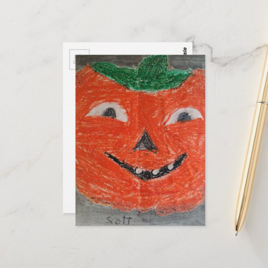 Jack-O-Lantern Vintage Childs Drawing Briefkaart (Voorkant / Achterkant in situ)