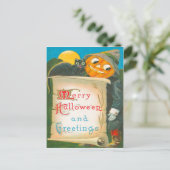 Jack O Lantern Vogelverschrikker Zwarte Kat Briefkaart (Staand voorkant)