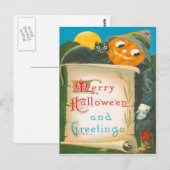 Jack O Lantern Vogelverschrikker Zwarte Kat Briefkaart (Voorkant / Achterkant)