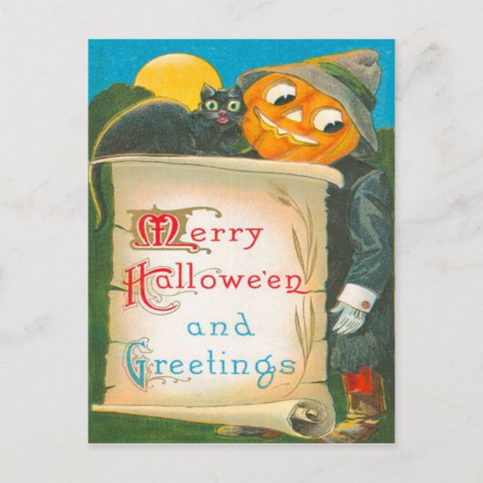 Jack O Lantern Vogelverschrikker Zwarte Kat Briefkaart (Voorkant)