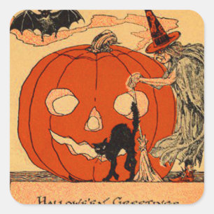 Jack O Lantern Witch Black Cat Bat  Vierkante Sticker