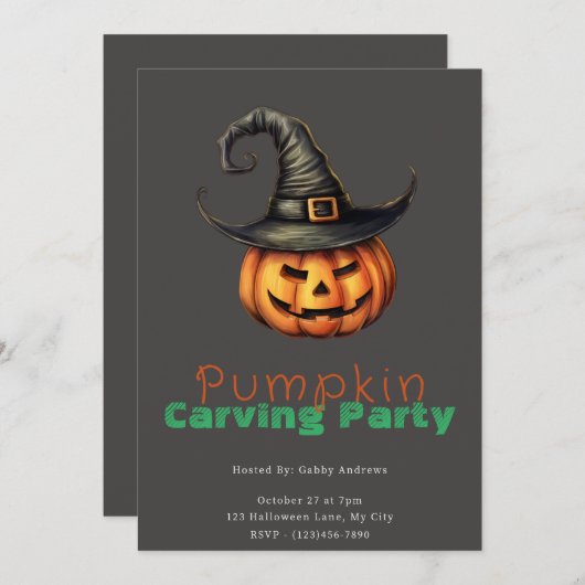 Jack-O' Lantern Witch Grijs Pompoen Carving Party Kaart (Voorkant / Achterkant)