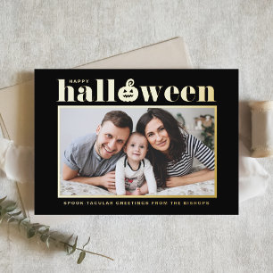 Jack-o'-lantern Zwart en Wit Foto Halloween Folie Wenskaart