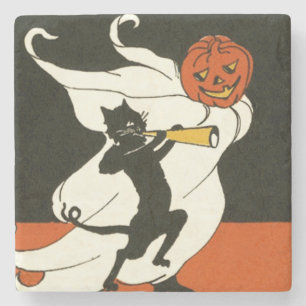 Jack O' Lantern Zwarte Kat Geest Hoorn Stenen Onderzetter