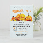 Jack O' Lanterns op Herfst Leaves Halloween Party Kaart (Staand voorkant)