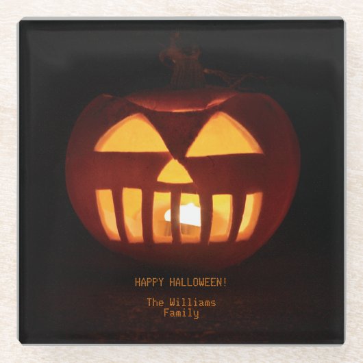 Jack O'Lantern Funny Lit Carved Pumpkin Halloween Glazen Onderzetter (Voorkant)