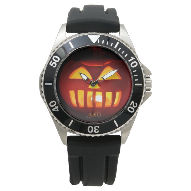 Jack O'Lantern Funny Lit Carved Pumpkin Halloween Horloge (Voorkant)