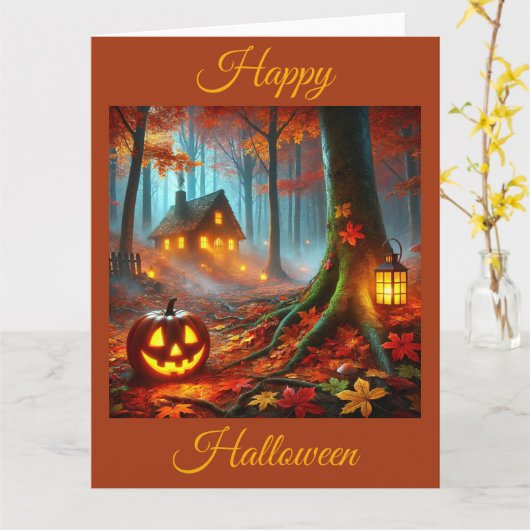 Jack O'Lantern in Spooky Forest tijdens Halloween Kaart (Gele Bloem)