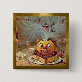 Jack o'Lantern met heks Gold Trim Vierkante Button 5,1 Cm