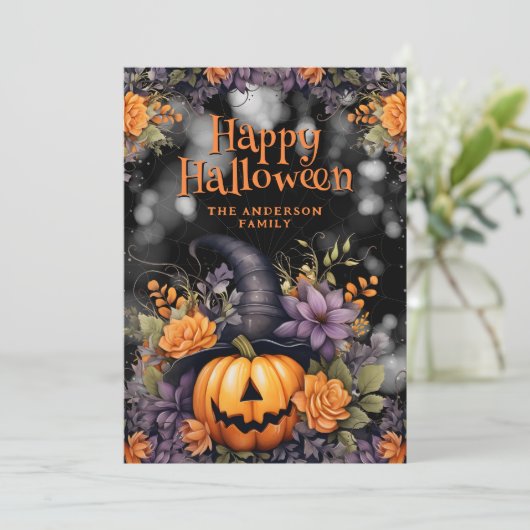 Jack O'Lantern Witch Pet Bloemen Halloween Kaart (Staand voorkant)