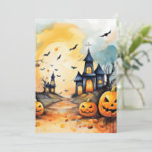 Jack O'Lanterns Bats Haunted Church Halloween Feestdagenkaart (Staand voorkant)