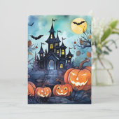 Jack O'Lanterns Bats Haunted Mansion Halloween Feestdagenkaart (Staand voorkant)