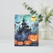 Jack O'Lanterns Bats Haunted Mansion Halloween Feestdagenkaart (Staand voorkant)