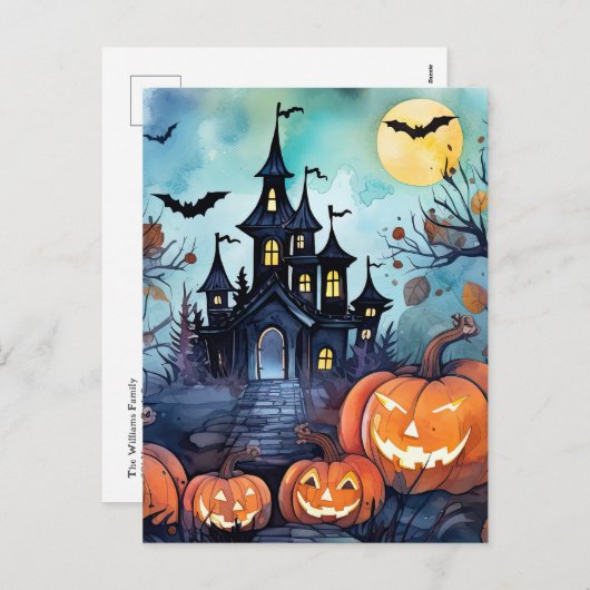 Jack O'Lanterns Bats Haunted Mansion Halloween Feestdagenkaart (Voorkant / Achterkant)