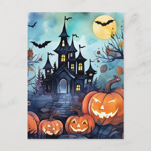 Jack O'Lanterns Bats Haunted Mansion Halloween Feestdagenkaart (Voorkant)