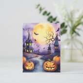 Jack O'Lanterns Bats Moon Cemetery Halloween Night Feestdagenkaart (Staand voorkant)